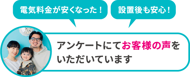 電気料金が安くなった、設置後も安心。アンケートにてお客様の声をいただいています