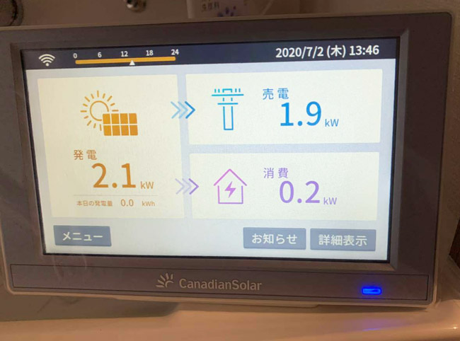 佐賀県佐賀市 Y様邸の表示モニター：発電2.1kW＝消費0.2kW+売電1.9kW
