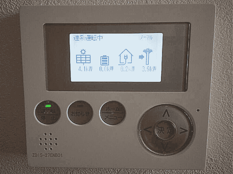 佐賀県武雄市 S様邸の表示モニター：発電4.1kW＝消費0.2kW+売電3.9kW