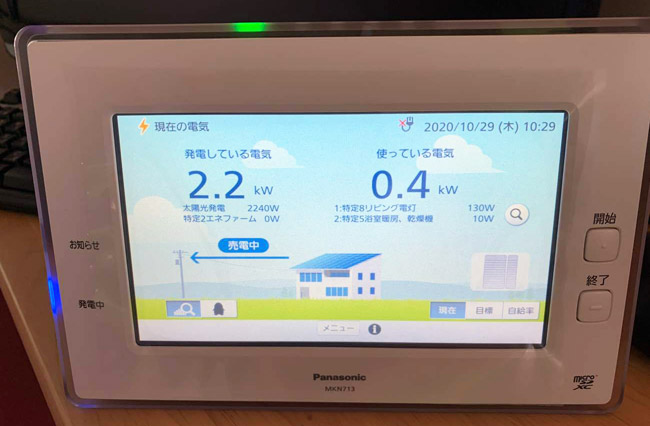福岡県福岡市 S様邸の発電している電気：2.2kW、使っている電気：0.4kW