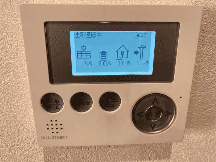 熊本県熊本市O様邸の表示モニター_Qセルズ：発電1.7kW＝消費0.6kW+売電1.1kW