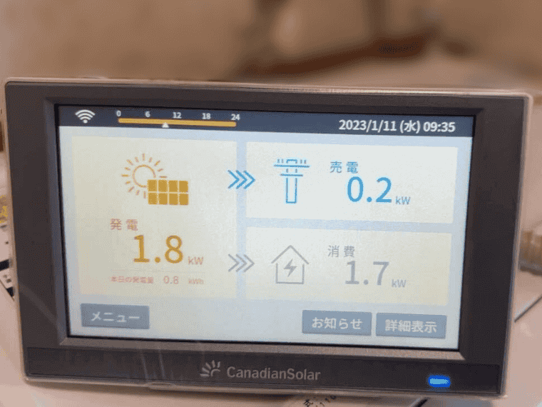熊本県上益城郡Y様邸の表示モニター_カナディアンソーラー：発電1.8kW＝消費1.7kW+売電0.2kW