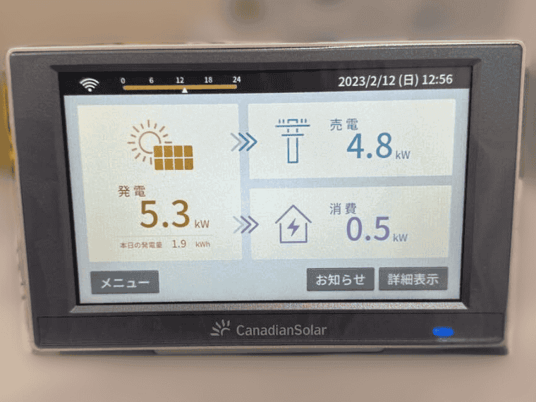 佐賀県佐賀市 H様邸の表示モニター_カナディアンソーラー：発電5.3kW＝消費0.5kW+売電4.8kW