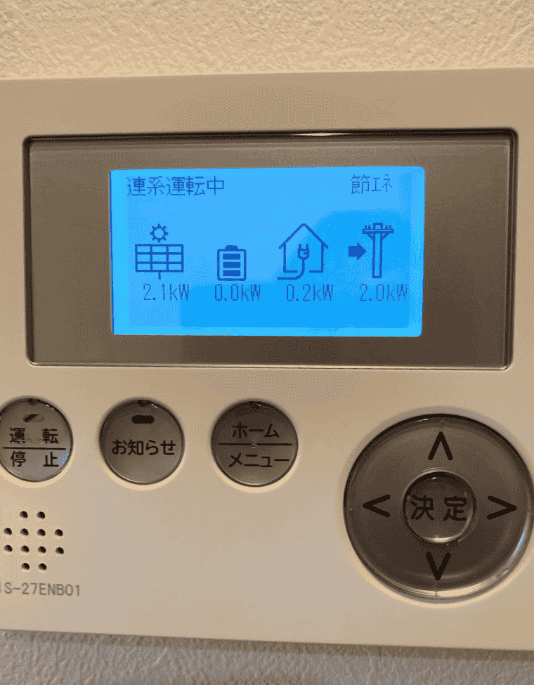 福岡県福岡市 N様邸の表示モニター_Qセルズ：発電2.1kW＝消費0.2kW+売電2.0kW