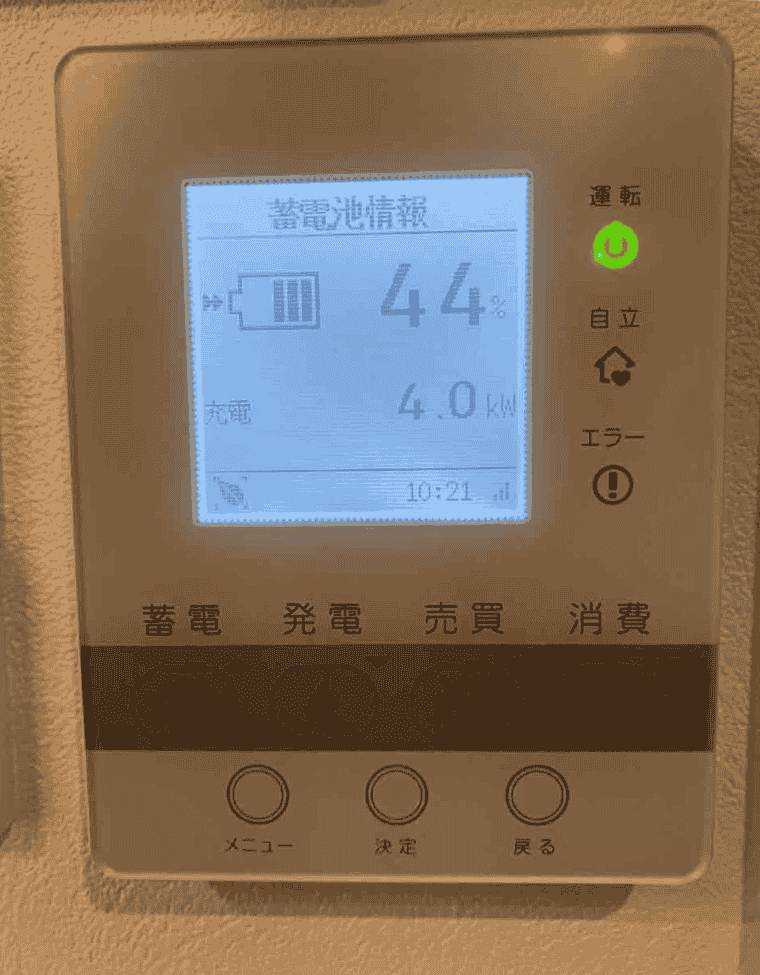 佐賀県佐賀市 T様邸の表示モニタ：充電4.0kW、蓄電残量44％